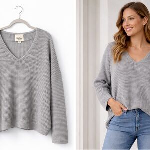 UpWest Waffle Knit Sweater V Neck Relaxed Fit XL Gray